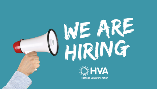 We are hiring poster with a megaphone on a blue background with white writing.