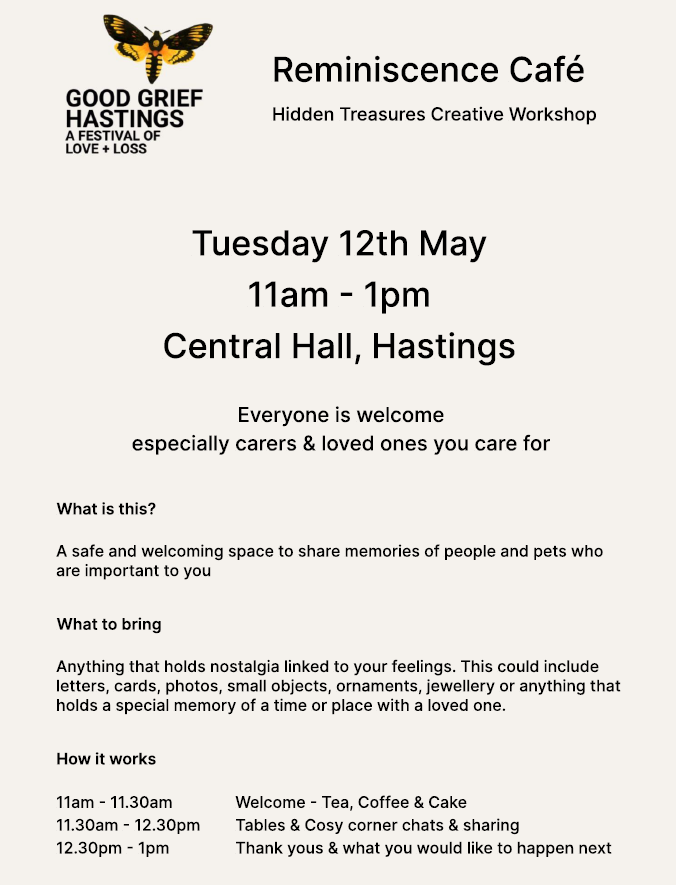 Flyer about the Reminiscence Cafe taking place at Central Hall on 12th May